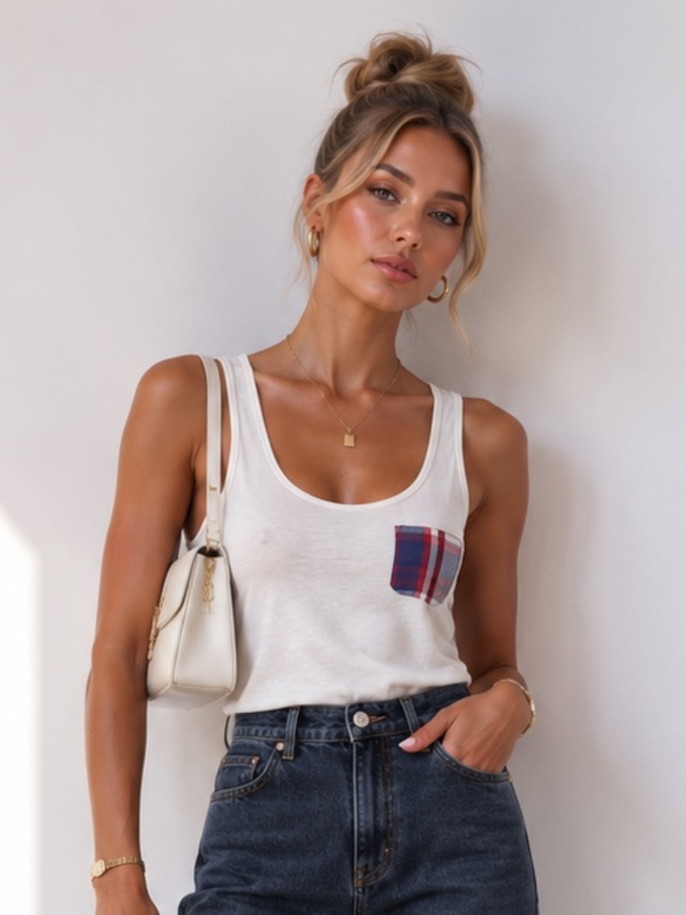 $155 A Bathing Ape BAPE White Plaid Pocket Tank Top – One Size – NWT